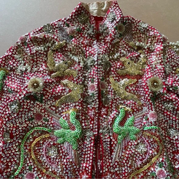 Vintage Custom Handmade Fully Beaded Sequined Traditional Chinese Wedding Dress - Picture 15 of 15